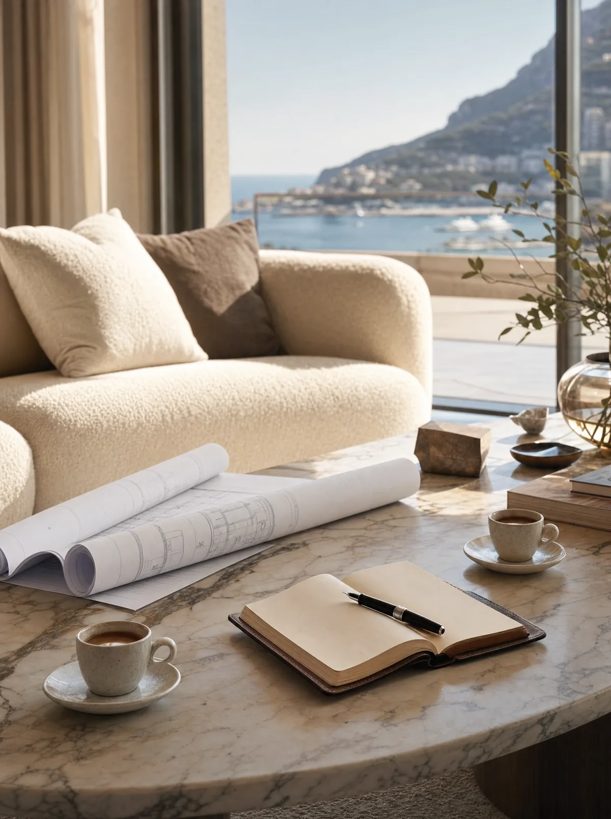 Consultation dans un salon de prestige à Monaco, plans et carnet sur table en marbre