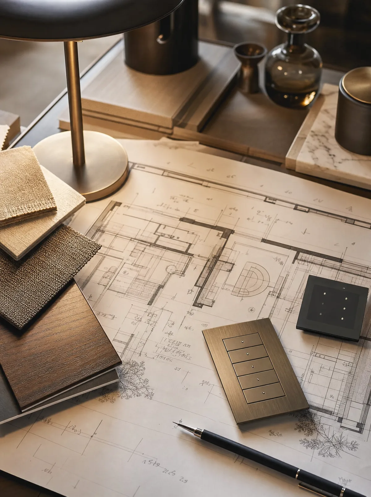 Étude technique : plans annotés, claviers bronze et échantillons de matériaux
